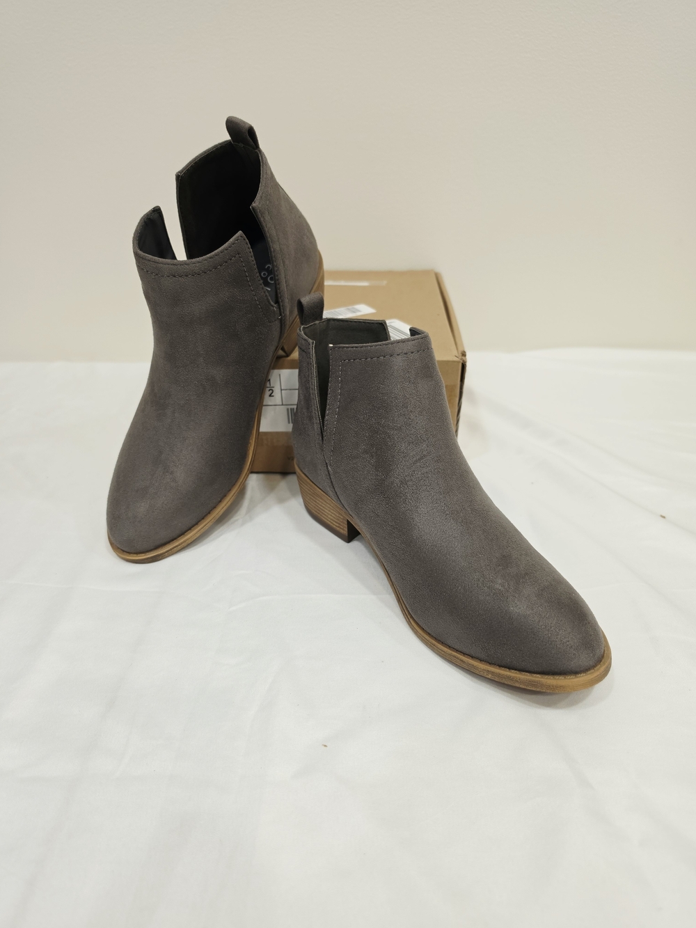 Journee Collection Rimi Gray Suede Chelsea Ankle Booties with Tan Stacked Heel